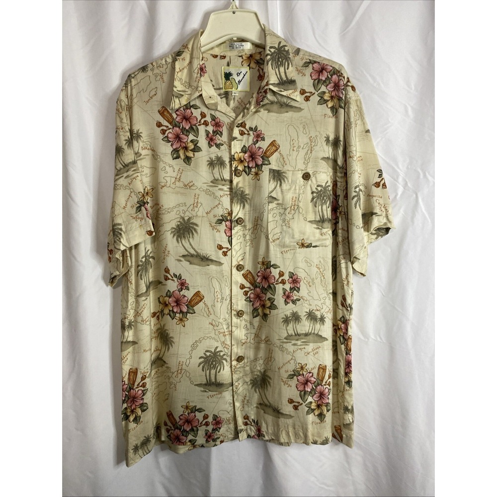 Ron Chereskin Hawaiian Shirt Mens L‎ Beige Excellent Tropical Map Hibiscus Rayon